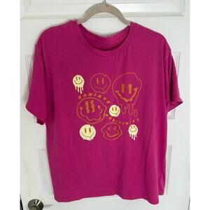 Radiate Positivity Magenta Graphic Tee Shirt – Drippy Smiley Faces, Unisex Style